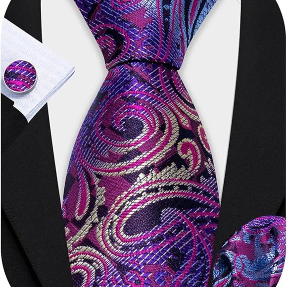 SILK Paisley Necktie And Pocket Square Cufflinks Set Purple - Picture 1 of 6